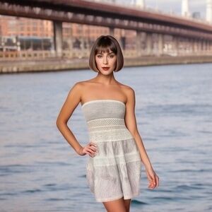 Victorias Secret Strapless White Floral Lace Mini Dress Cotton Fit Flare XS